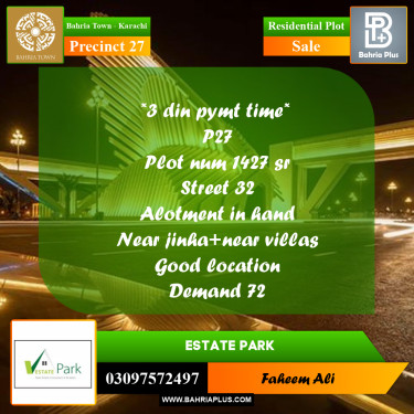 Residential Plot for Sale in Precinct 27 -  Bahria Town, Karachi - (BP-190887)