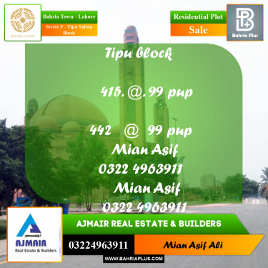 Residential Plot for Sale in Sector F - Tipu Sultan Block -  Bahria Town, Lahore - (BP-190957)