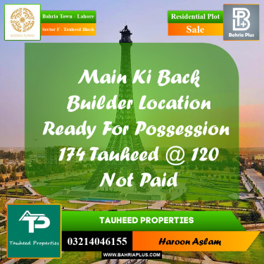 Residential Plot for Sale in Sector F - Tauheed Block -  Bahria Town, Lahore - (BP-190969)