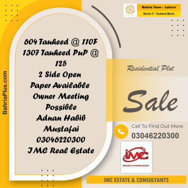 Residential Plot for Sale in Sector F - Tauheed Block -  Bahria Town, Lahore - (BP-191069)