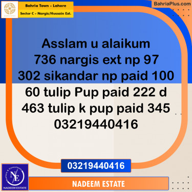 Residential Plot for Sale in Sector C - Nargis/Hussain Ext. -  Bahria Town, Lahore - (BP-191192)