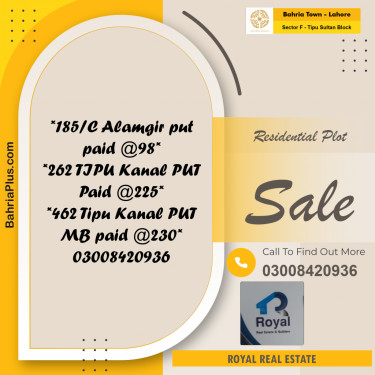 Residential Plot for Sale in Sector F - Tipu Sultan Block -  Bahria Town, Lahore - (BP-191466)