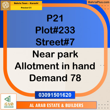 250 Sq. Yards Residential Plot for Sale in Precinct 21 -  Bahria Town, Karachi - (BP-191941)