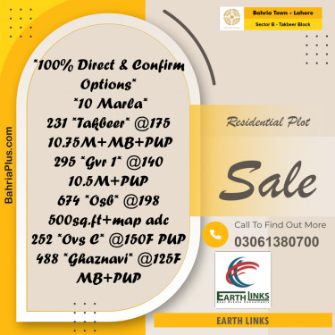 Residential Plot for Sale in Sector B - Takbeer Block -  Bahria Town, Lahore - (BP-192218)