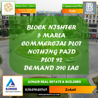 Commercial Plot for Sale in Sector E - Nishtar Commercial -  Bahria Town, Lahore - (BP-192312)
