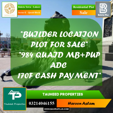 Residential Plot for Sale in Sector E - Quaid Block -  Bahria Town, Lahore - (BP-192329)
