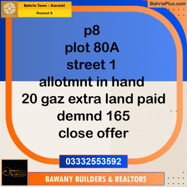 250 Sq. Yards Residential Plot for Sale in Precinct 8 -  Bahria Town, Karachi - (BP-192504)