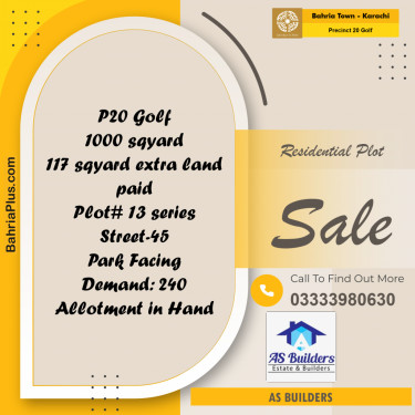 1000 Sq. Yards Residential Plot for Sale in Precinct 20 Golf -  Bahria Town, Karachi - (BP-192683)