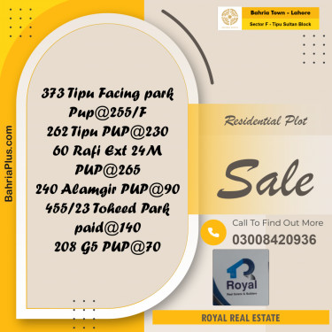 Residential Plot for Sale in Sector F - Tipu Sultan Block -  Bahria Town, Lahore - (BP-193044)