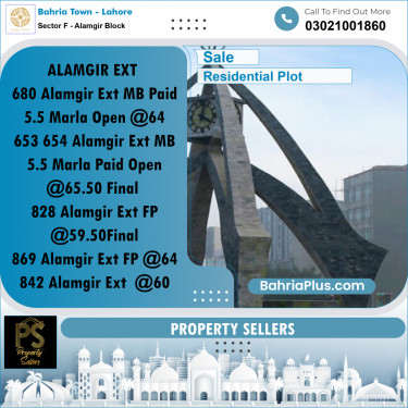 Residential Plot for Sale in Sector F - Alamgir Block -  Bahria Town, Lahore - (BP-193190)