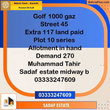 1000 Sq. Yards Residential Plot for Sale in Precinct 20 Golf -  Bahria Town, Karachi - (BP-193936)