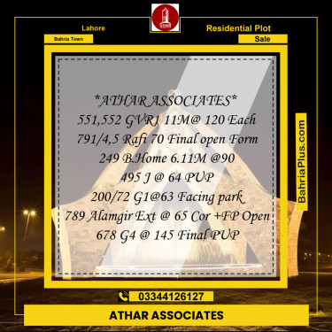Residential Plot for Sale in Bahria Town, Lahore - (BP-193945)