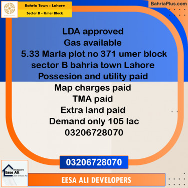 Residential Plot for Sale in Sector B - Umer Block -  Bahria Town, Lahore - (BP-194193)