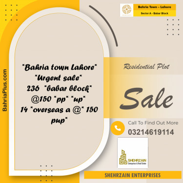Residential Plot for Sale in Sector A - Babar Block -  Bahria Town, Lahore - (BP-194334)