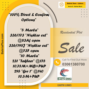 Residential Plot for Sale in Sector E - Nishtar Block -  Bahria Town, Lahore - (BP-194677)