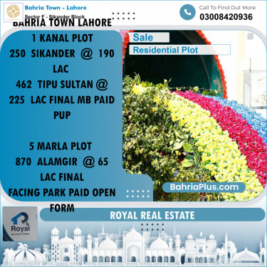 Residential Plot for Sale in Sector F - Sikander Block -  Bahria Town, Lahore - (BP-195038)