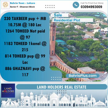 Residential Plot for Sale in Sector F - Ghaznavi Block -  Bahria Town, Lahore - (BP-195296)