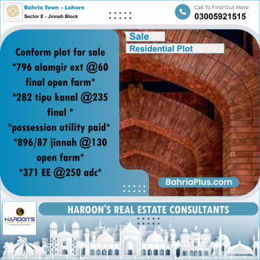 Residential Plot for Sale in Sector E - Jinnah Block -  Bahria Town, Lahore - (BP-196201)