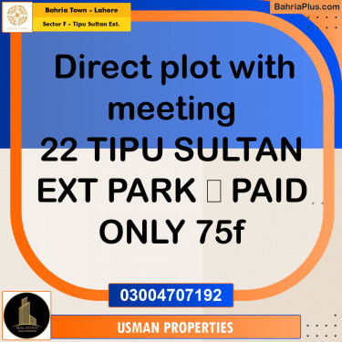 Residential Plot for Sale in Sector F - Tipu Sultan Ext. -  Bahria Town, Lahore - (BP-196226)