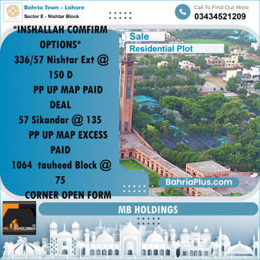 Residential Plot for Sale in Sector E - Nishtar Block -  Bahria Town, Lahore - (BP-196745)