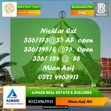Residential Plot for Sale in Sector E - Nishtar Block -  Bahria Town, Lahore - (BP-196860)