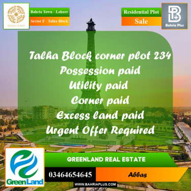 Residential Plot for Sale in Sector F - Talha Block -  Bahria Town, Lahore - (BP-196942)