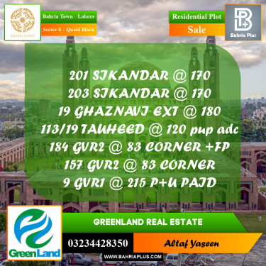 Residential Plot for Sale in Sector E - Quaid Block -  Bahria Town, Lahore - (BP-197220)
