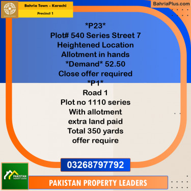 250 Sq. Yards Residential Plot for Sale in Precinct 1 -  Bahria Town, Karachi - (BP-197453)