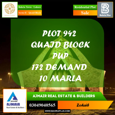 Residential Plot for Sale in Sector E - Quaid Block -  Bahria Town, Lahore - (BP-197674)