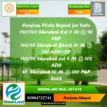 Residential Plot for Sale in Sector F - Shershah Block -  Bahria Town, Lahore - (BP-197856)