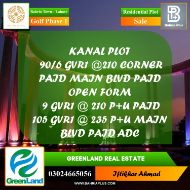 Residential Plot for Sale in Golf Phase 1 -  Bahria Town, Lahore - (BP-198422)