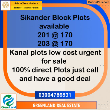 Residential Plot for Sale in Sector F - Sikander Block -  Bahria Town, Lahore - (BP-198550)