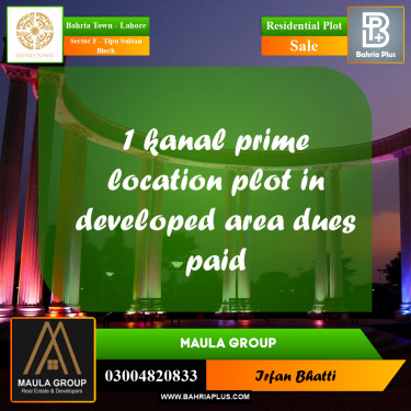 Residential Plot for Sale in Sector F - Tipu Sultan Block -  Bahria Town, Lahore - (BP-198605)
