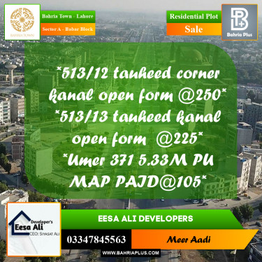 Residential Plot for Sale in Sector A - Babar Block -  Bahria Town, Lahore - (BP-198661)