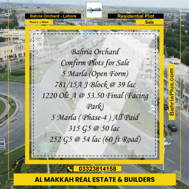 5 Marla Residential Plot for Sale in Phase 2 - J Block -  Bahria Orchard, Lahore - (BP-198795)