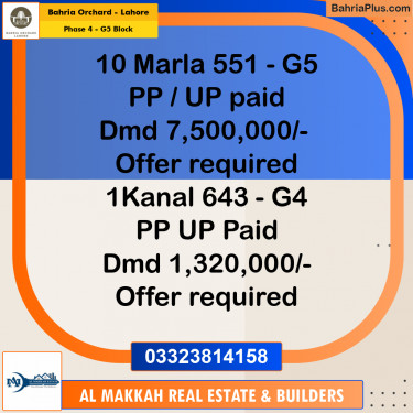 10 Marla Residential Plot for Sale in Phase 4 - G5 Block -  Bahria Orchard, Lahore - (BP-198799)