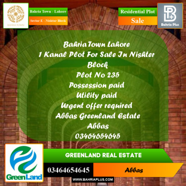 Residential Plot for Sale in Sector E - Nishtar Block -  Bahria Town, Lahore - (BP-198838)
