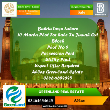 Residential Plot for Sale in Sector E - Jinnah Ext. Block -  Bahria Town, Lahore - (BP-198841)
