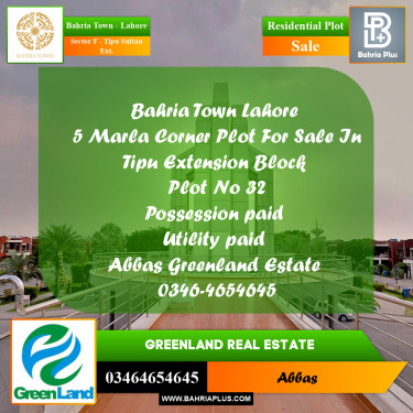 Residential Plot for Sale in Sector F - Tipu Sultan Ext. -  Bahria Town, Lahore - (BP-198843)