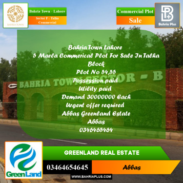 Commercial Plot for Sale in Sector F - Talha Commercial -  Bahria Town, Lahore - (BP-198844)