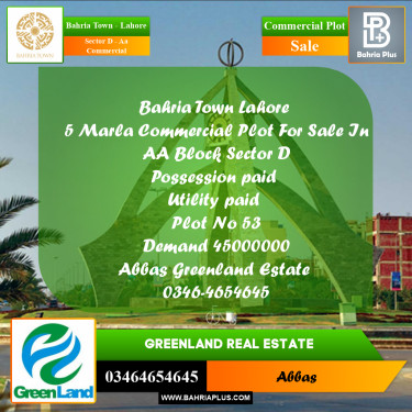 Commercial Plot for Sale in Sector D - AA Commercial -  Bahria Town, Lahore - (BP-198847)