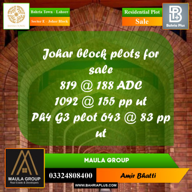 Residential Plot for Sale in Sector E - Johar Block -  Bahria Town, Lahore - (BP-198868)