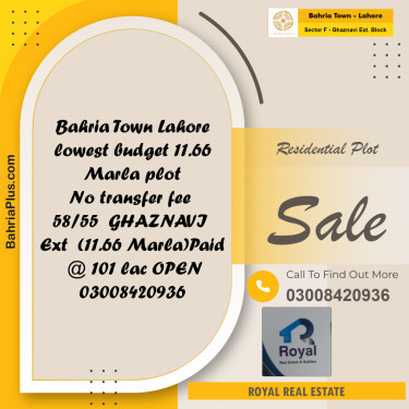 11.66 Marla Residential Plot for Sale in Sector F - Ghaznavi Ext. Block -  Bahria Town, Lahore - (BP-199191)