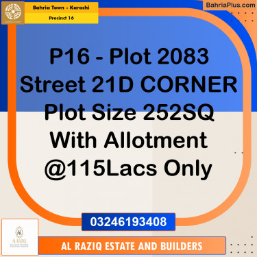 252 Sq. Yards Residential Plot for Sale in Precinct 16 -  Bahria Town, Karachi - (BP-199208)