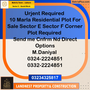 Residential Plot for Sale in Sector E - Quaid Block -  Bahria Town, Lahore - (BP-199231)