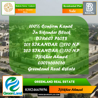 1 Kanal Residential Plot for Sale in Sector F - Sikander Block -  Bahria Town, Lahore - (BP-199262)