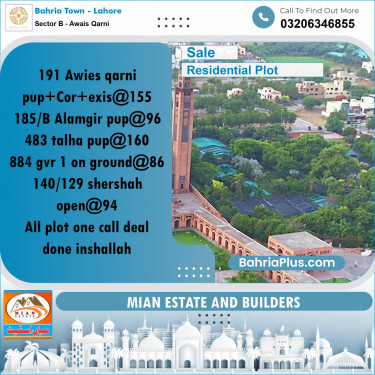 10 Marla Residential Plot for Sale in Sector B - Awais Qarni -  Bahria Town, Lahore - (BP-199942)