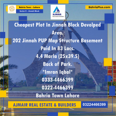 4.4 Marla Residential Plot for Sale in Sector E - Jinnah Block -  Bahria Town, Lahore - (BP-200411)