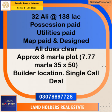 8 Marla Residential Plot for Sale in Sector B - Ali Block -  Bahria Town, Lahore - (BP-200720)