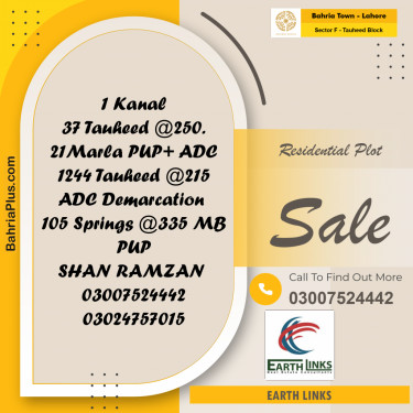 1 Kanal Residential Plot for Sale in Sector F - Tauheed Block -  Bahria Town, Lahore - (BP-201053)